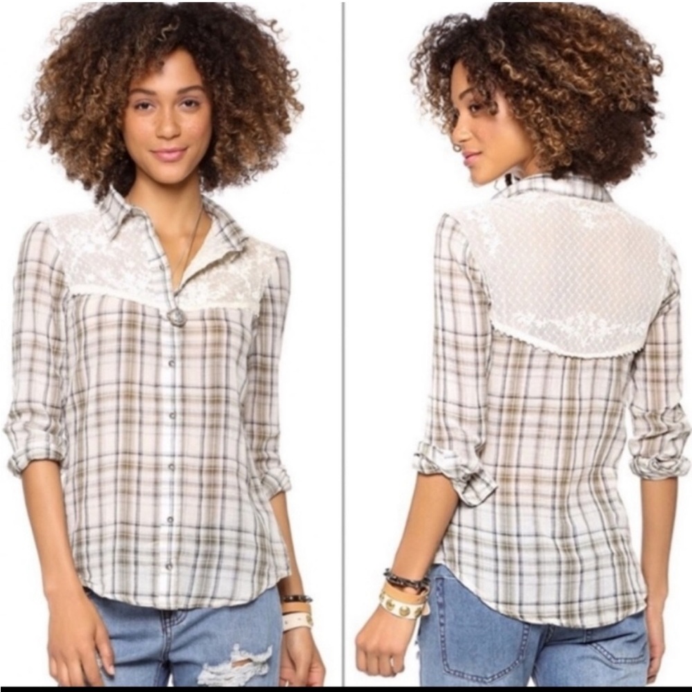 Free People green & off-white plaid button-down top Size S EUC
